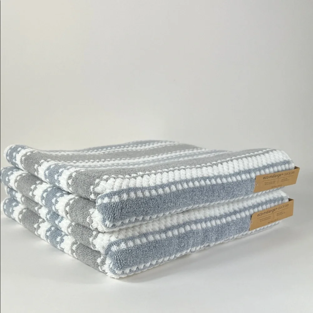 Eco Melange Bath Towel Set Gray Blue White Stripe Quick Dry Soft Cotton 2 Pc NEW